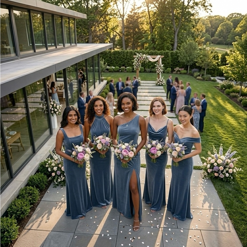 Jenny Yoo Cybill One Shoulder Gown | Chambray Bluestone Velvet | Size 4 - Picture 7 of 16